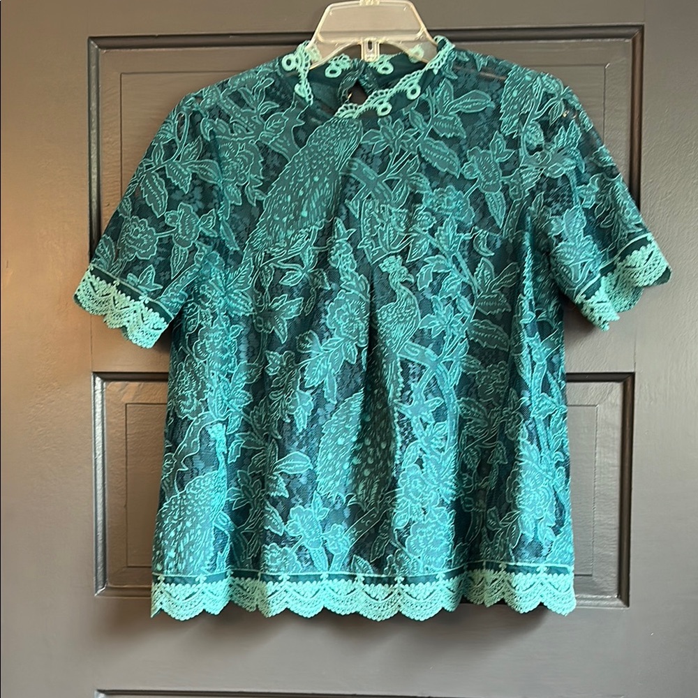 Anthropologie HD Pais Deep Teal Lace Blouse with Mandarin Collar